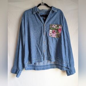 Oversized Denim Shirt w Floral Pocket | Soft Cotton Boho Layer